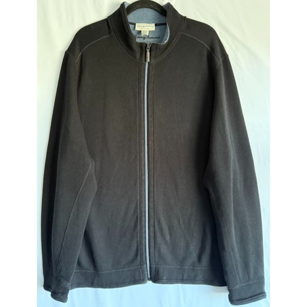 Tommy Bahama Reversible Jacket Men XL Black Full‎ Zip Cotton Tencel Knit Casual